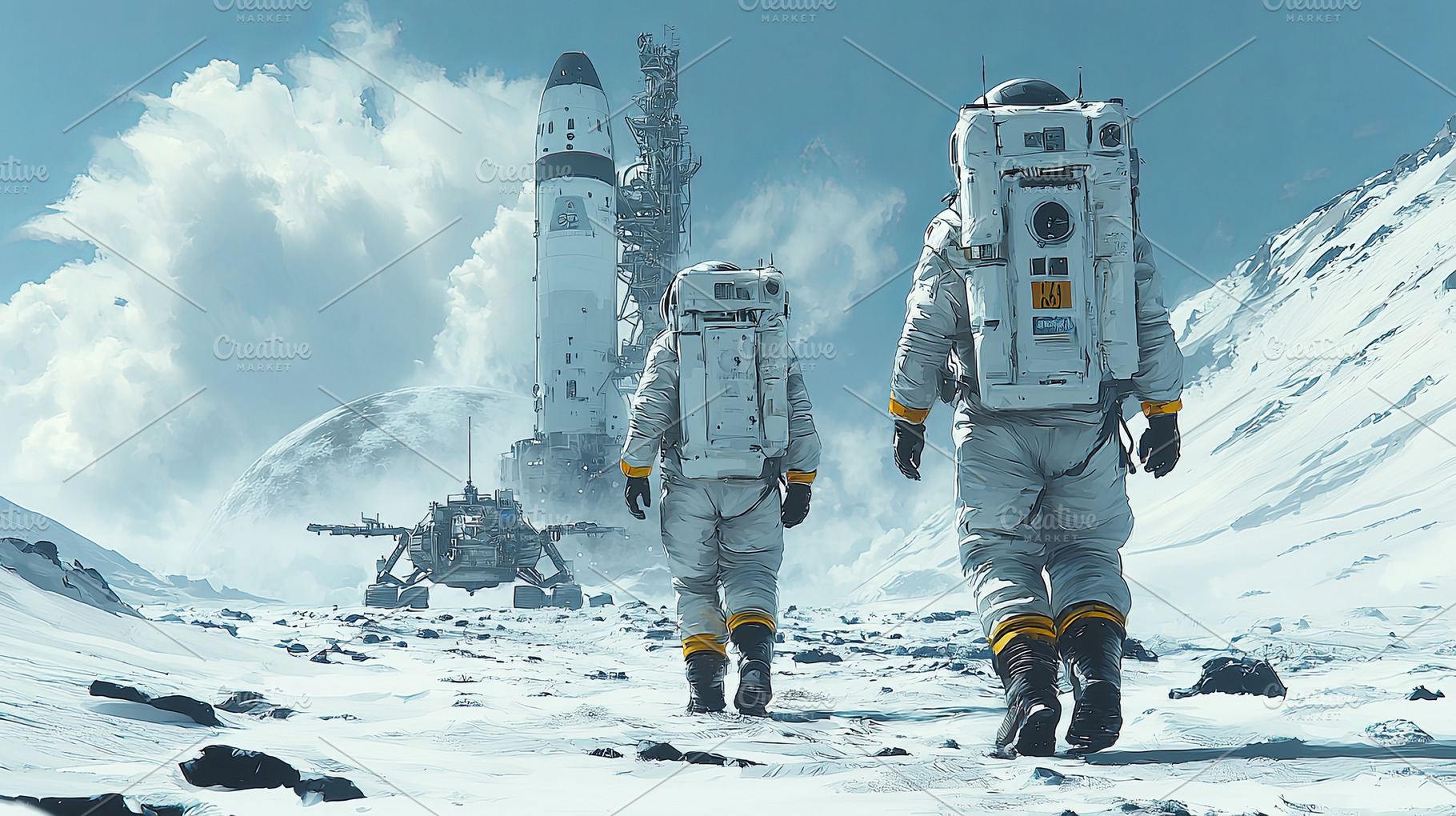 Astronauts walking on snowy terrain near spacecraft under vast sky, a Photo by AS photostudio