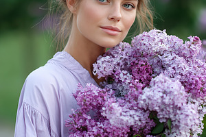 Young woman joyfully holding a vibrant bouquet of lilacs in a lush outdoor sett, a Person Photo by AlyaAnd