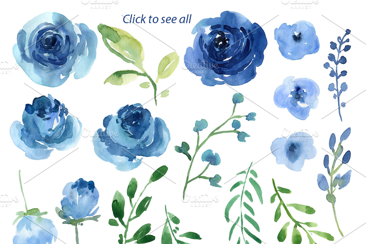 Blue Watercolor Roses Flowers Leaves, an Illustration by GraphicsDish (Photo 2 of 3)
