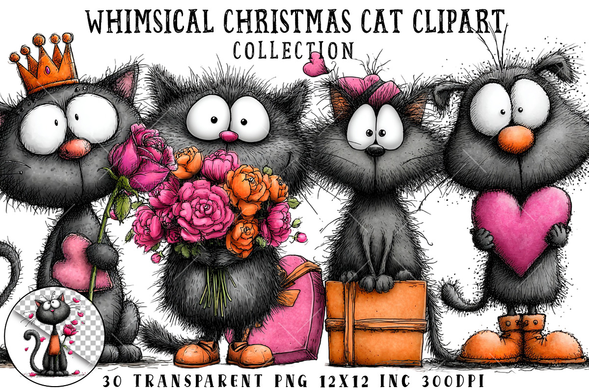 Quirky Valentine Black Cat Clipart, an Illustration by OK Design (Photo 1 of 6)
