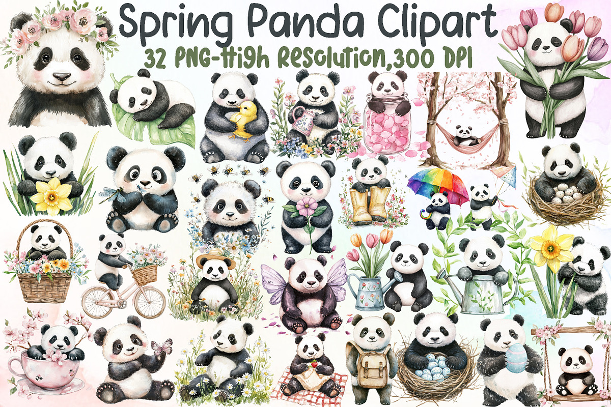 Cute Spring Panda Clipart, an Illustration by Sublimation Artist (Photo 1 of 6)