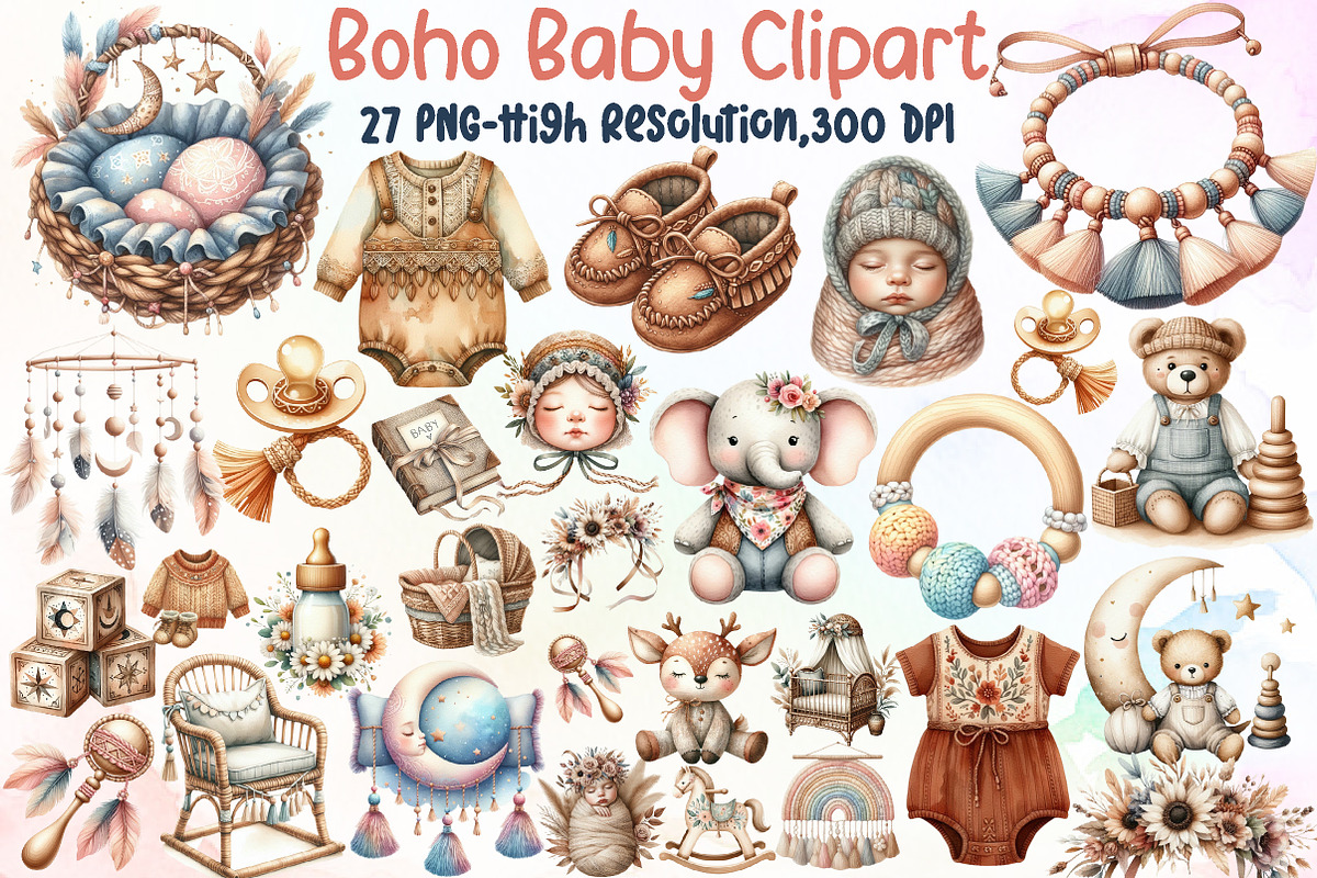 Watercolor Boho Baby Clipart, an Illustration by Sublimation Artist (Photo 1 of 6)