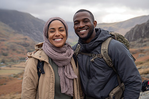 Happy hikers enjoying a scenic mountain view during a cloudy afternoon in natur, a Photo by AlyaAnd