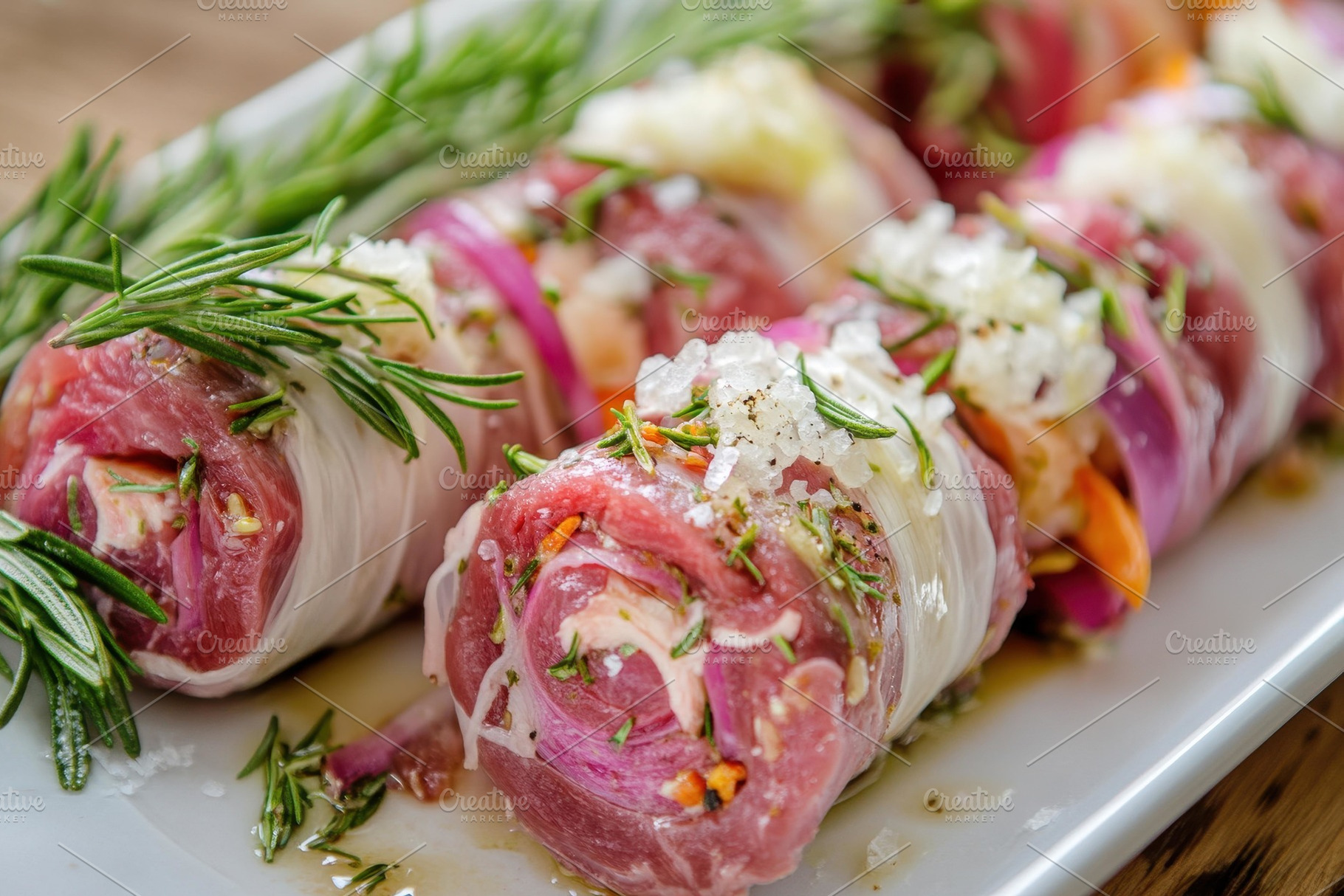 Delicious meat rolls with fresh herb, a Photo by Tanuart