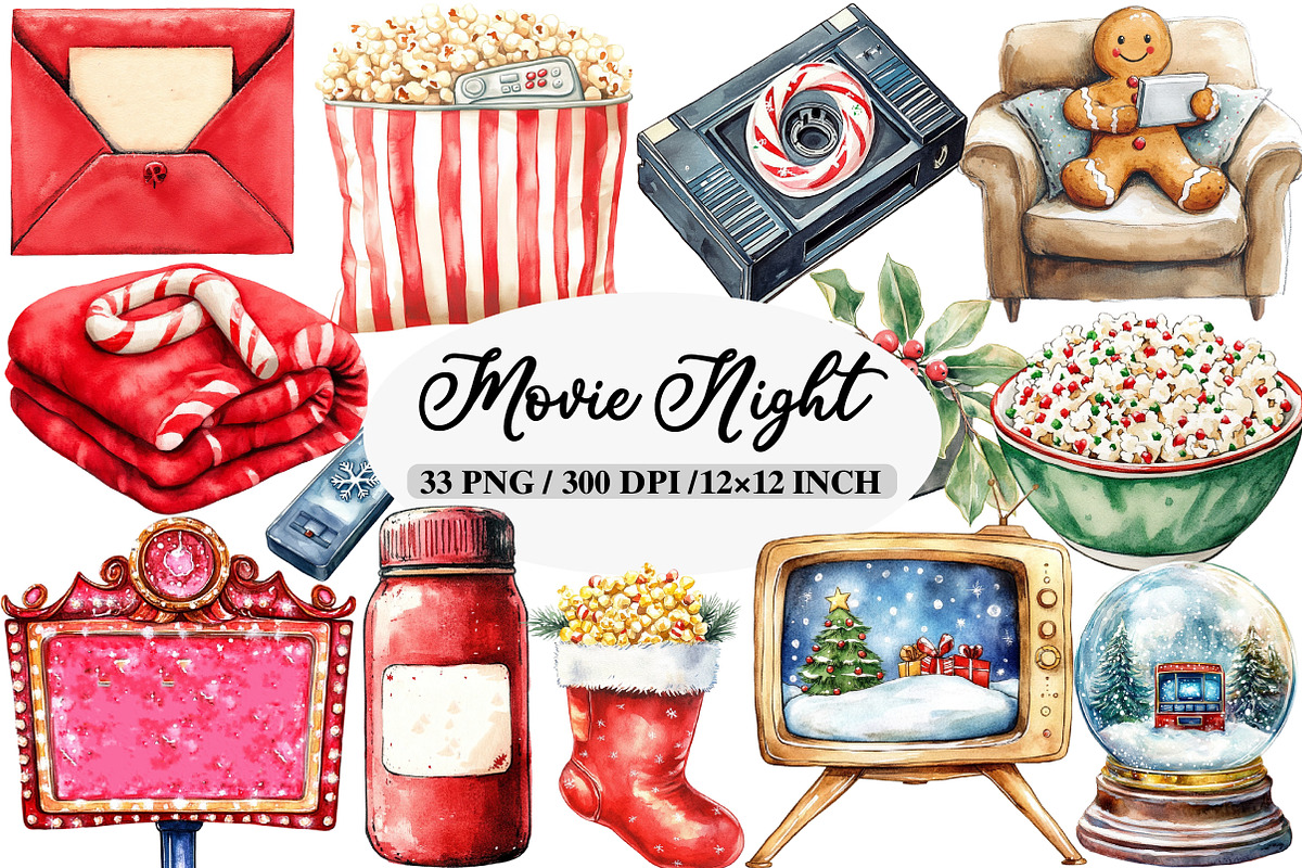 Christmas Movie Night Clipart Bundle, an Illustration by Daily.Designs (Photo 1 of 5)