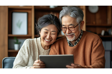 Asian senior couple smiling while, a Technology Photo by Sergey Kotenev