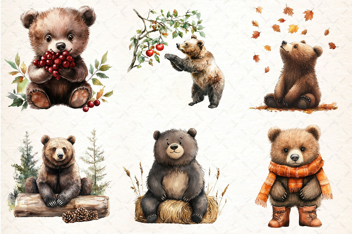 Watercolor Autumn Bear Clipart, an Illustration by DreamCafeArt (Photo 4 of 9)