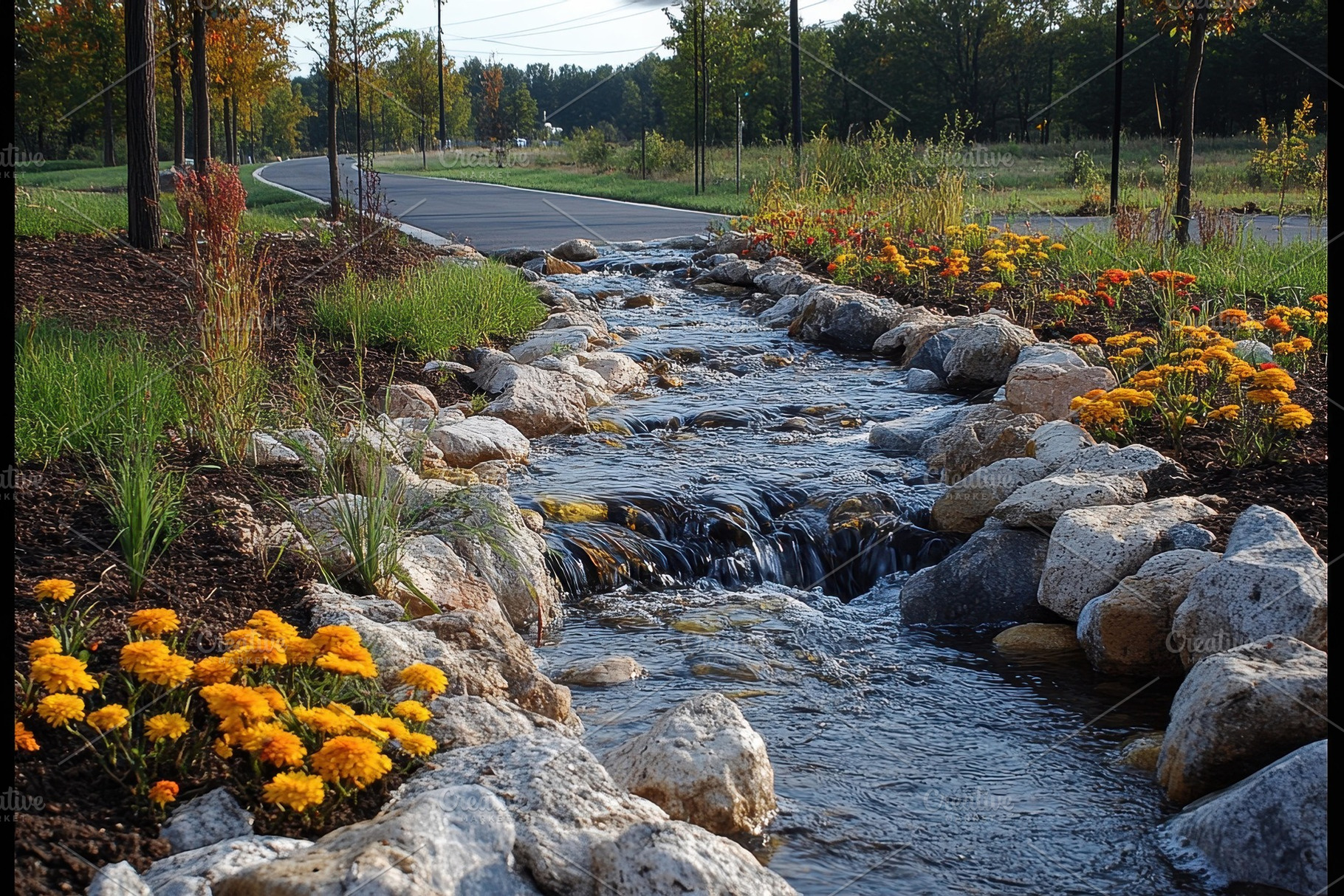 Flowing stream alongside a winding p, a Photo by Tanuart