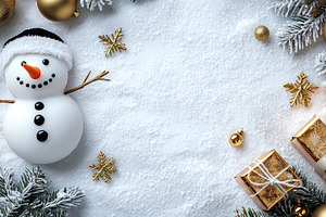 Festive snowman with gold Christmas decorations, gifts, and snow, an Animal Photo by José Manuel Gelpi