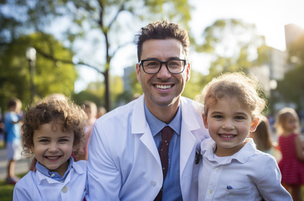 Happy friendly doctor, paediatrician with kids