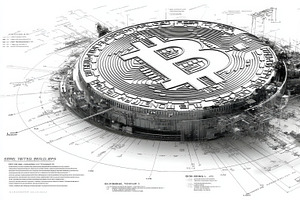 Detailed architectural blueprint of a Bitcoin logo with technological elements, an Illustration by AS photostudio