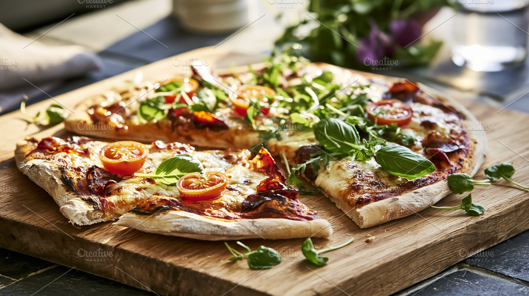 Two delicious Italian pizzas with mozzarella, tomato sauce, and various fresh t, a Photo by Studio ANNA