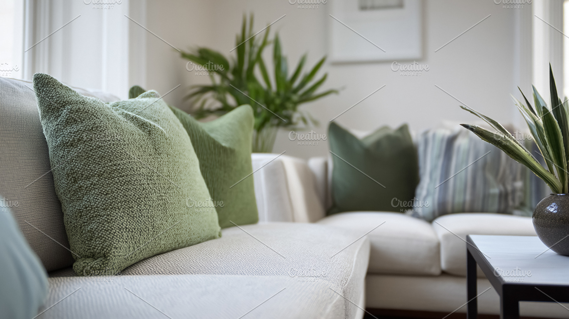 Cozy living room interior featuring a comfortable sofa with gree, a Photo by Studio ANNA