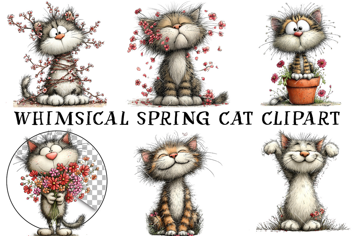 Whimsical Spring Cat Clipart, an Illustration by OK Design (Photo 2 of 6)