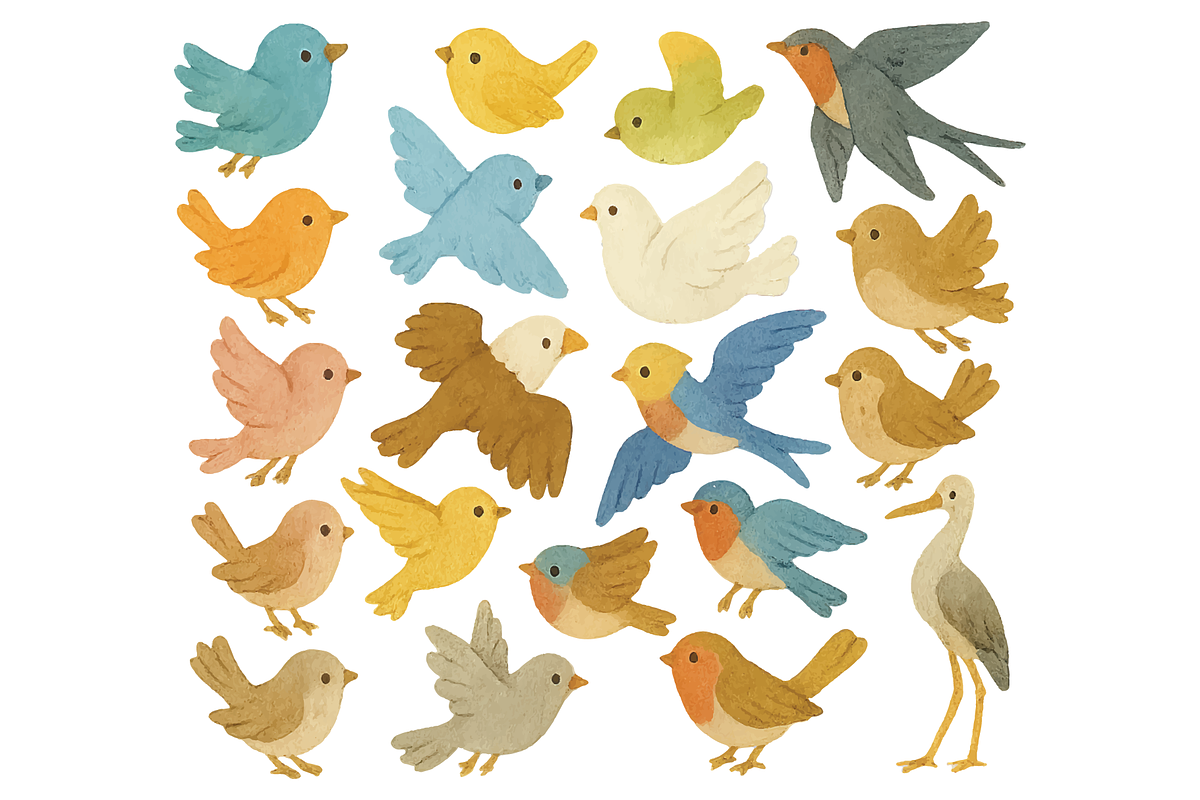 Colorful Birds Watercolor  Set, an Object Graphic by nikagraphic