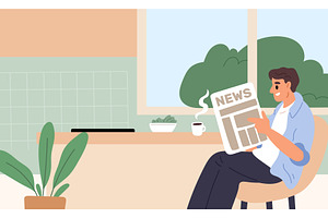 Young man reads morning paper in, a Person Illustration by Vectorbuum