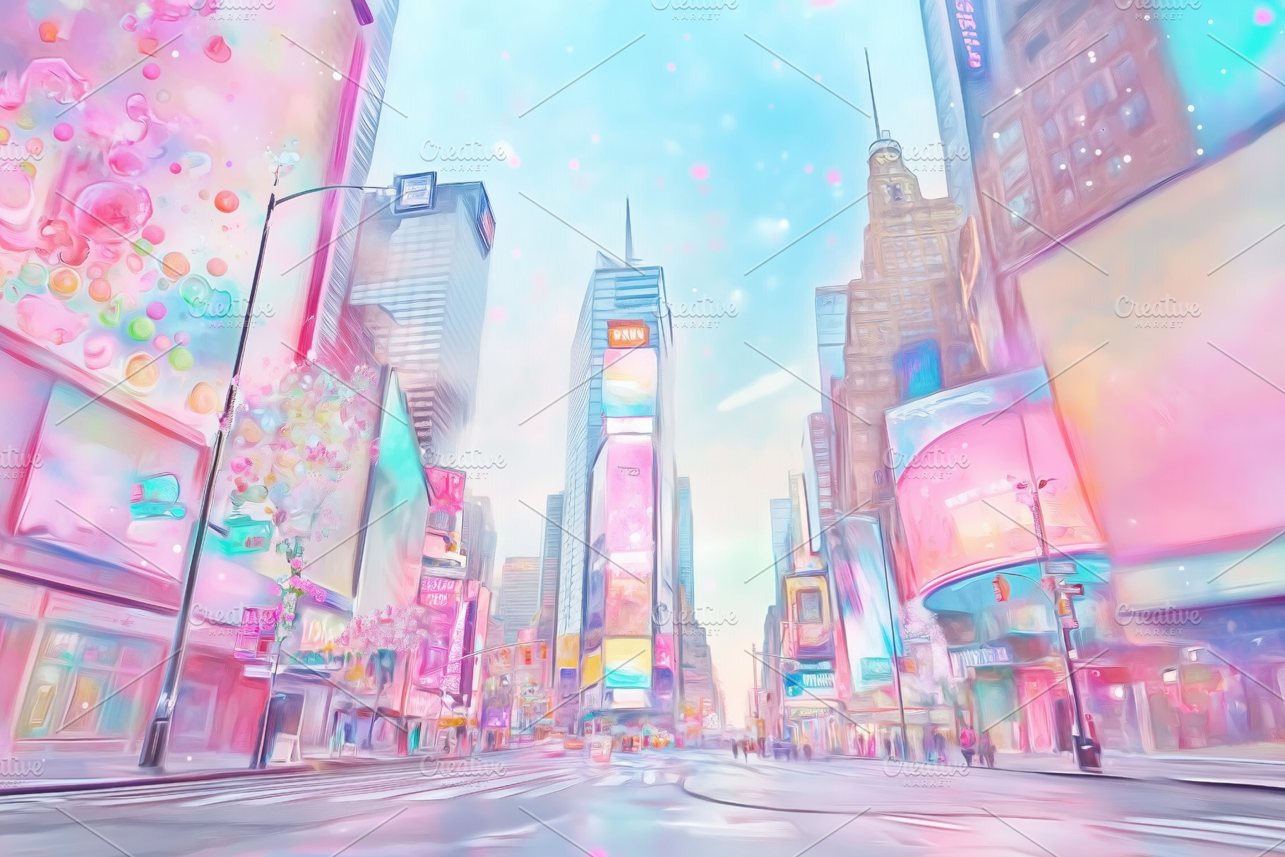 A vibrant, pastel-colored depiction of Times Square, showcasing bright billboar, an Arts & Entertainment Photo by Textures & Backgrounds