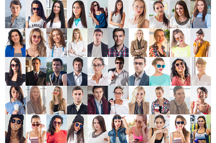 Collection of different many happy smiling young people faces caucasian women, a Person Photo by undrey