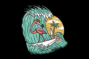 cute flamingo surfing the sea, an Animal Illustration by gunaonedesign