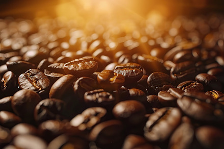 Background of roasted coffee beans with sunlights, a Food & Drink Photo by AlyaAnd