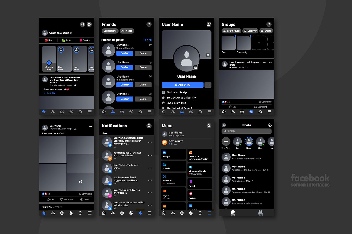 Facebook Screen Interfaces, a Social Media Template by karnofff