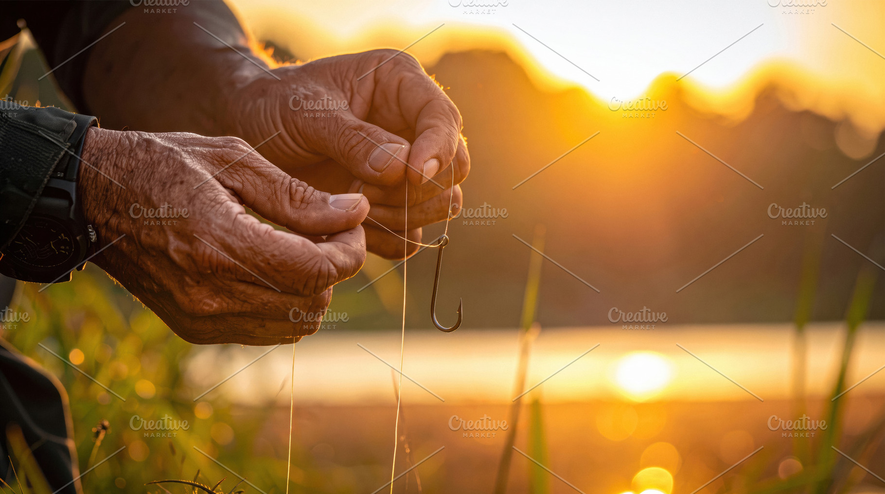 Angler Tying a Fishing Hook at Sunset, a Sports & Recreation Photo by Davizro's Market