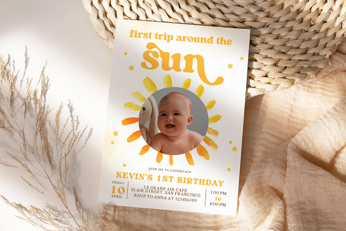 Sunshine First Birthday Photo Invite, a Templates & Theme by VeliusCreativeStudio (Photo 3 of 3)