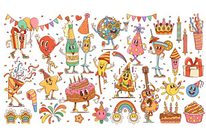Retro birthday party characters, an Object Illustration by Vector Tradition