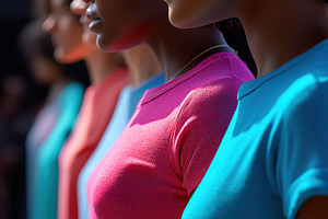 Vibrant t-shirts showcase diversity and style among women in a gathering outdoo, a Person Photo by AlyaAnd