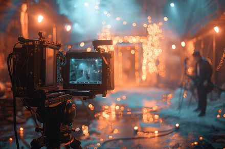 Cinematic Film Production Scene with Camera and Crew in Atmospheric Setting