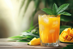 Refreshing mango drink with ice cube, a Food & Drink Photo by Pixeness Studio