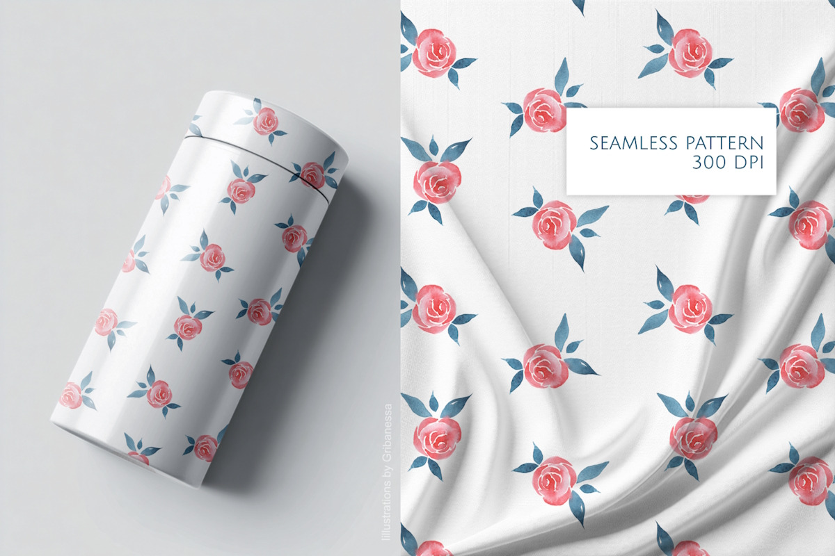 Watercolor Rose Patterns with blue, a Pattern Graphic by Gribanessa (Photo 3 of 4)