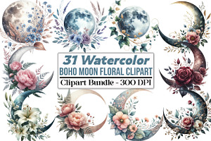 Watercolor Boho Moon Floral Clipart, an Illustration by DreamCafeArt
