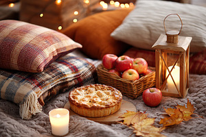 Cozy autumn picnic setup with pie, apples, and warm blankets for a delightful o, a Photo by AlyaAnd