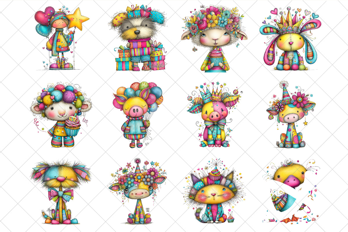 Whimsical Birthday Animals Clipart, an Illustration by SinaCreation (Photo 2 of 7)