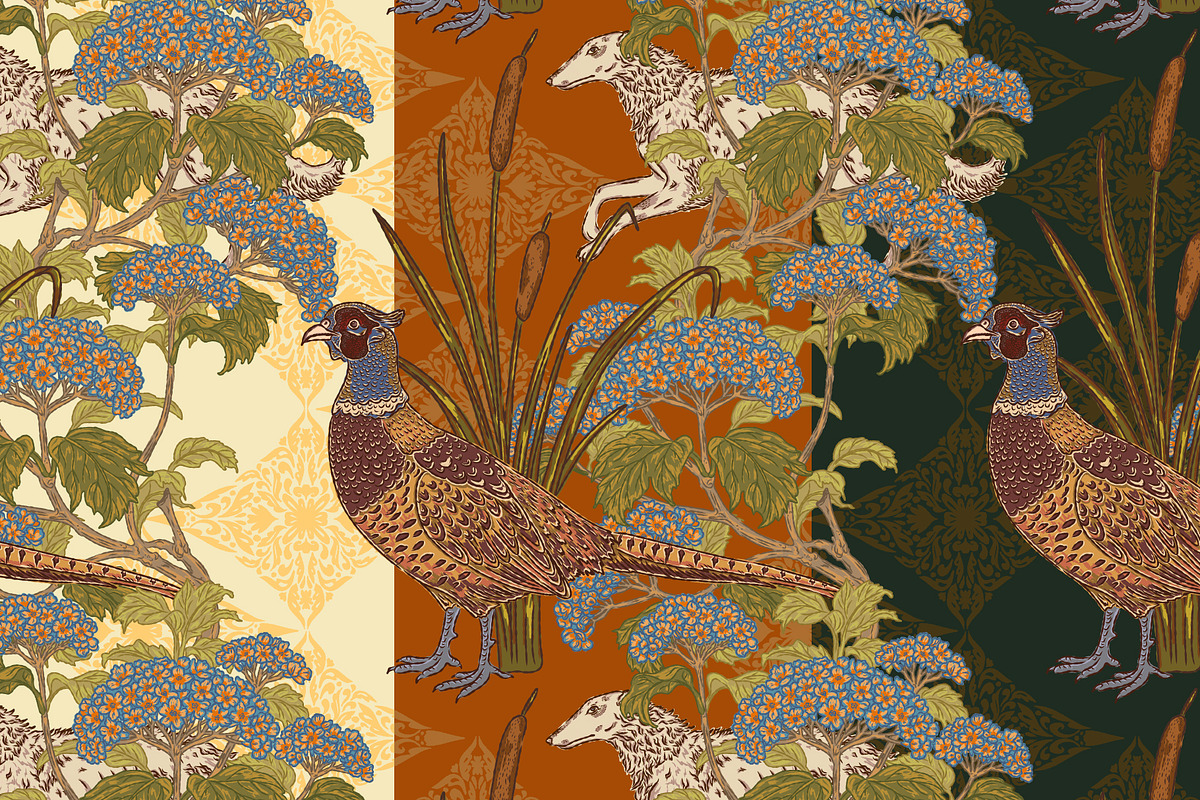 Pheasant, Hydrangea, Borzoi, a Pattern Graphic by NayaChu (Photo 1 of 9)