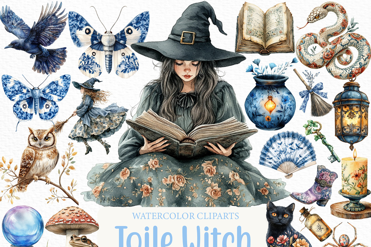 Watercolor Toile Witch Clipart, an Illustration by Craft Nest (Photo 1 of 6)