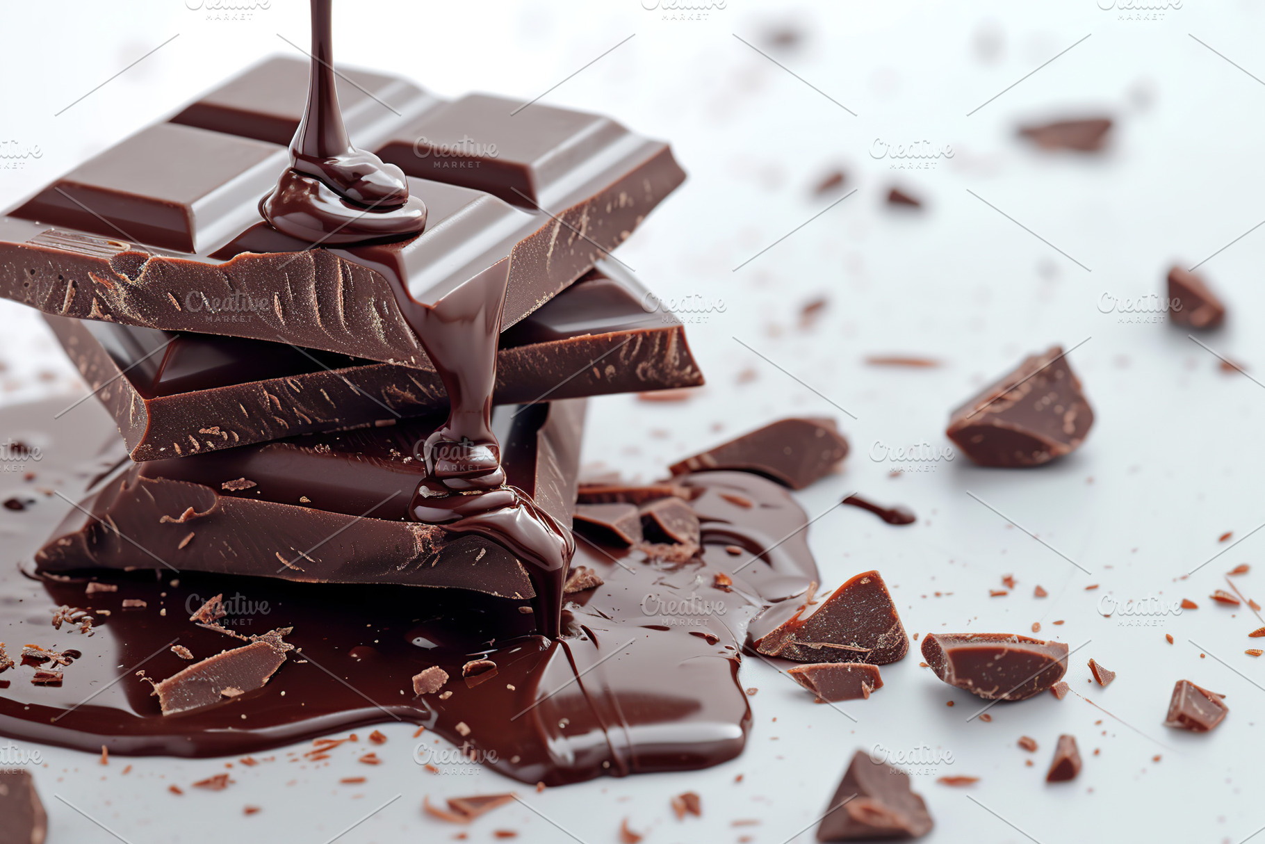 Pieces of black chocolate pouring liquid chocolate on white bac, a Food & Drink Photo by AlyaAnd
