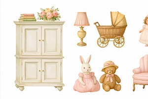 Vintage baby nursery collection featuring furniture, cuddly toys, a doll, and a, an Illustration by Studio ANNA