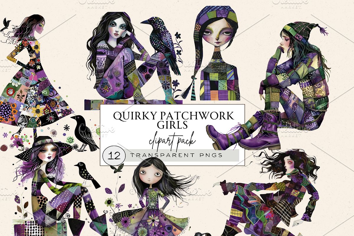QUIRKY PATCHWORK GIRLS CLIPART, a Person Illustration by Daring Digies (Photo 1 of 6)