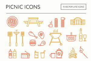 Picnic & BBQ line icons, an Outline Icon by the cabin supply co