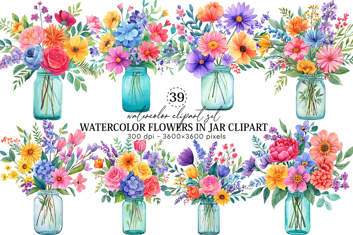 watercolor Flowers in jar Clipart, an Illustration by Canvas Craft (Photo 1 of 6)