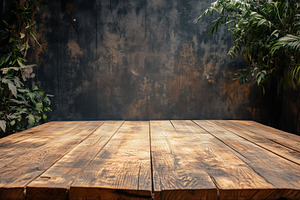 A rustic wooden table stage for product with a textured surface, set against a, a Background Graphic by Textures & Backgrounds