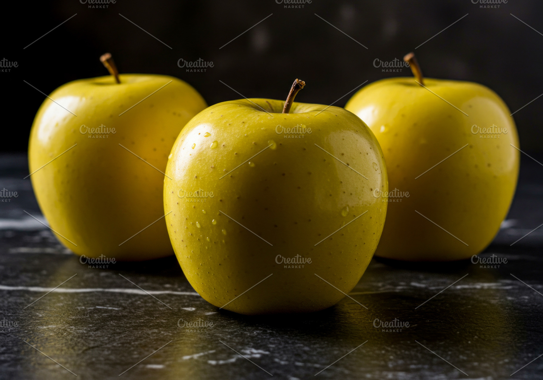 Three fresh yellow apples with water, a Food & Drink Photo by professorinc