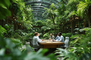 Business meeting in a lush green office atrium with colleagues collaborating ar, a Photo by AS photostudio