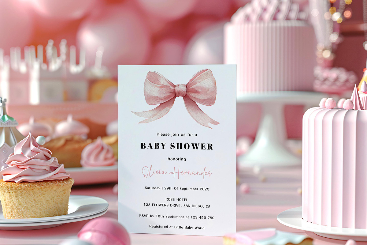 Pink Bow Baby Shower Invitation, an Invitation Template by LucaTheme (Photo 3 of 5)
