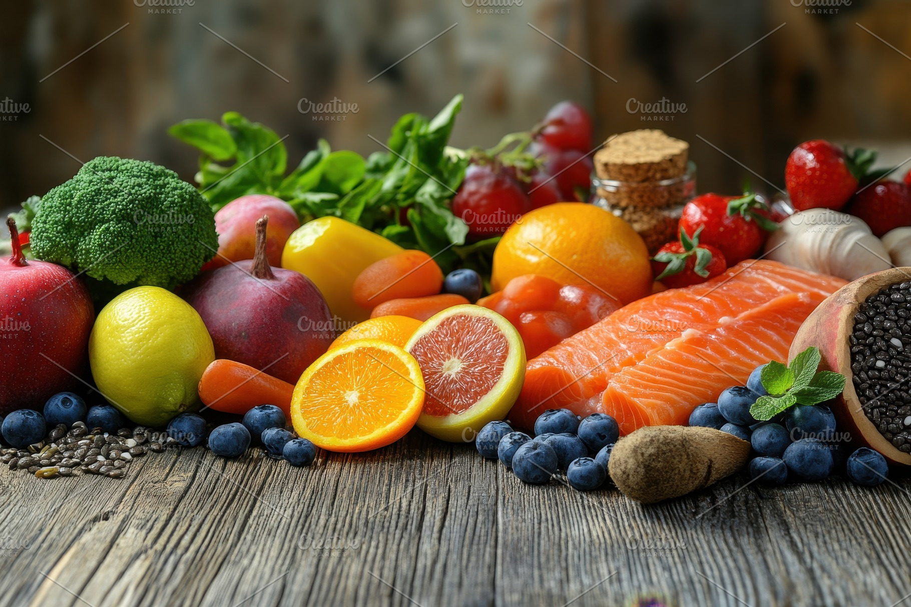 A colorful display of healthy foods, a Photo by Pavel_design