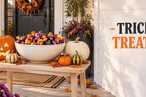 Halloween porch display featuring pu