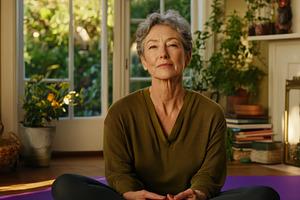 Middle-aged woman with gray hair pra, a Photo by Dvoevnore photos