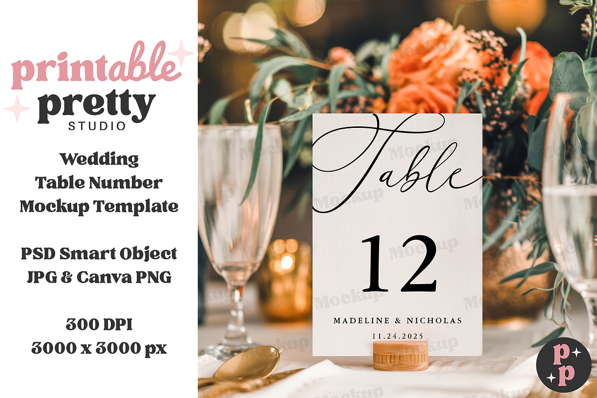 Champagne Table Number PSD Mockup, a Product Mockup by Printable Pretty Studio (Photo 4 of 10)